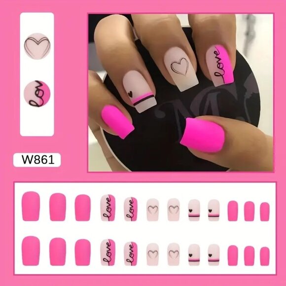 Nails Hearts Press On 24 Stylish Love Matte Square Trendy Sexy Hot Pink Black - Picture 2 of 6